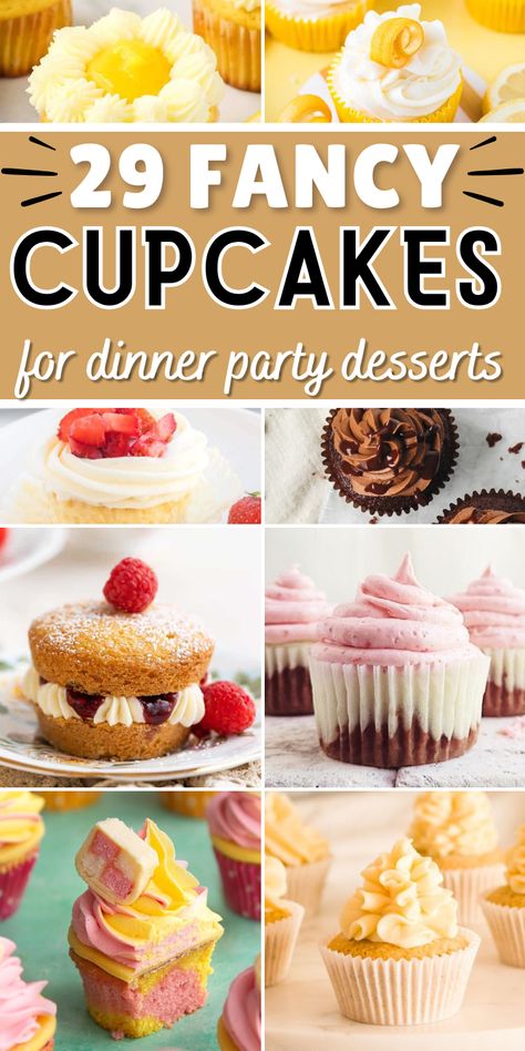 collage of gourmet cupcakes with text fancy cupcakes for dinner party desserts. Ming Makes Cupcakes, Cupcake Flavors List, 20 Birthday Cupcakes Ideas, Cupcake Presentation Ideas Display, Cupcakes Graduation Ideas, Dessert Flavor Combinations Chart, Bake Off Winning Recipes, Elegant Chocolate Cupcakes, Bake Sale Cupcake Ideas