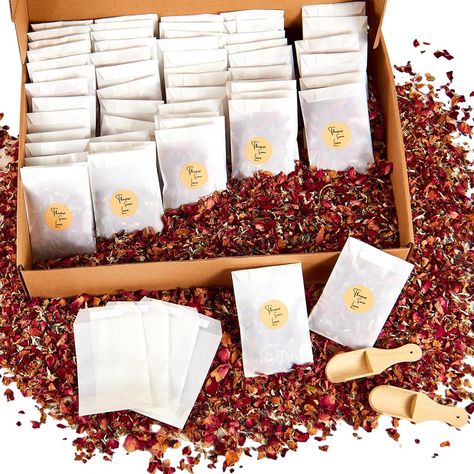 100 Sets of Wedding Confetti Bags with Display Box for 100 Guests. Includes Glassine Confetti Bags of Natural Dried Rose Petals and Wooden Scoop Dried Flower Confetti, Rose Petal Confetti, Flower Petal Confetti, Confetti Bags, Rose Petals Wedding, Flower Confetti, Petal Confetti, Wooden Scoop, Glassine Bags