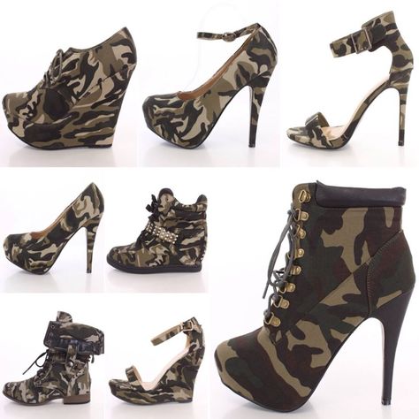 Army Fatigue Shoes!! Camo Boots For Women Outfits, Boots For Women Outfits, Camo High Heels, Camo Heels, Art Costumes, Princess Heels, Steampunk Shoes, Lace High Heels, Camo Wedding