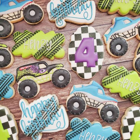 Monster Jam Birthday Cookies, Monster Jam Birthday Party Ideas Decoration, Monster Truck Cookies Decorated, Monster Jam Cookies, Monster Jam Birthday Party Ideas, Monster Truck Cookies, Monster Jam Birthday Party, Monster Jam Birthday, Monster Jam Party