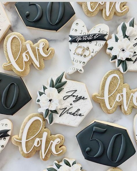 TheBatch (@thebatchsweets) • Instagram photos and videos 50th Anniversary Cookies Decorated, Anniversary Cookies Decorated, Anniversary Sugar Cookies, Anniversary Party Foods, Anniversary Party Themes, 50th Anniversary Cookies, Personalized Cookie Jar, Cookie Decorating Station, Cookie Jar Gifts