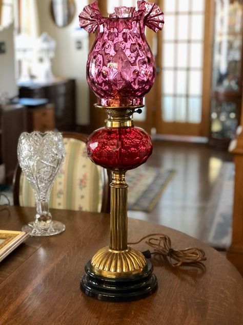 Old Oil Lamps Antiques, Fenton Lamps, Vintage Glass Oil Lamps, Victorian Gas Lamp, Column Base, Antique Oil Lamps Vintage 19th Century, Torchiere Lamp, Amber Antique Miniature Oil Lamps, Vintage Light Fixtures