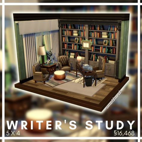 Sims 4 Library Room Ideas, Sims Study Room, Sims 4 Home Library, Sims 4 Study Room Ideas, Sims 4 Author Cc, Study Sims 4, Sims 4 Writer House, Sims 4 Empty Space Ideas, Sims 4 Cc Writer