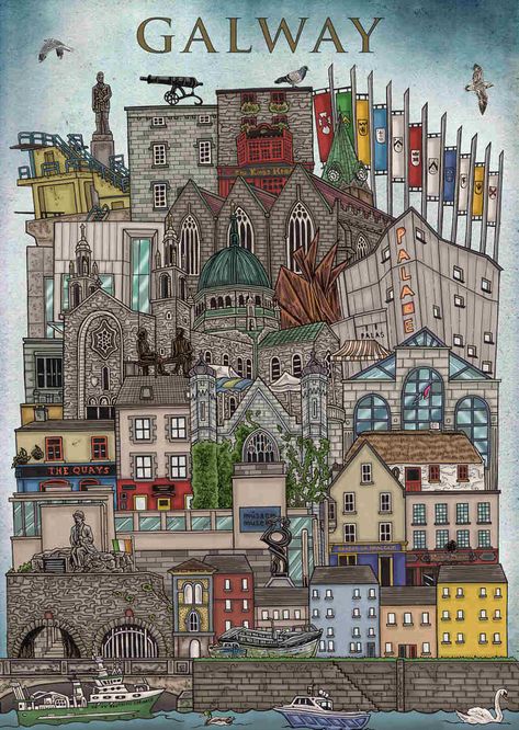 Beautiful Buildings Architecture, Ireland Galway, Derry City, Ireland Aesthetic, The Long Walk, Galway City, Galway Ireland, Cathedral City, Poster City