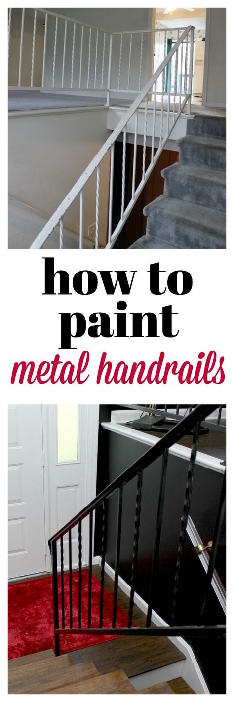 How to Paint Metal Stair Rails | How to Paint Metal | Paint for Metal Surfaces | Stair Railing Ideas | Stair Railing Makeover Painted Stairs Makeover, How To Paint Metal, Black Stair Railing, Outdoor Furniture Makeover, Diy Stairs Makeover, Stair Railing Makeover, Metallic Painted Furniture, Indoor Railing, Metal Stair Railing