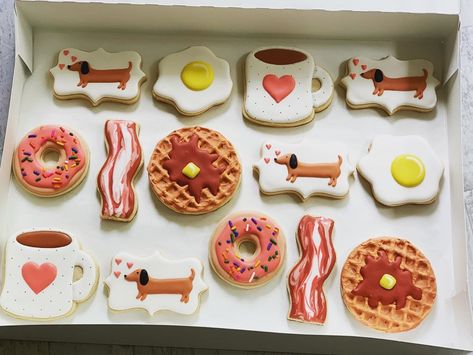 Cookies on the Coast on Instagram: “Brunch is always a good idea! ❤️🥓☕️🧇🍳🍩🐶  . . . . .  #brunchcookies #dachshundcookies #customcookies #cookies #cookieart #cookieartist…” Breakfast Themed Cookies, Brunch Decorated Cookies, Brunch Cookies Decorated, Brunch Cookies, Baby Baker, Brunch Decor, Brunch Party, Cookie Art, Bday Ideas