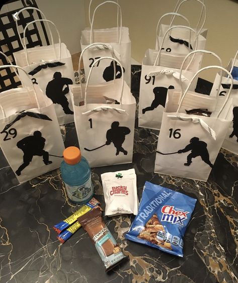 Hockey Team Goodie Bags, Hockey Goodie Bag Ideas Team Gifts, Hockey Treats For Team, Hockey Snacks For Team, Hockey Tournament Bags, Hockey Bags For Tournaments, Hockey Goodie Bags, Hockey Mom Gift Basket, Hockey Team Building Activities