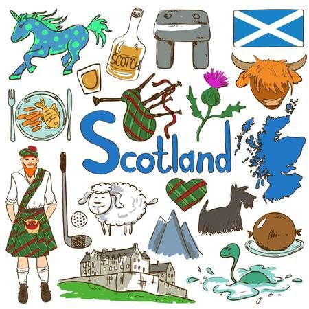 Fun colorful sketch collection of Scottish icons. Travel concept of Scotland symbols and association. Scotland Symbols, Geography For Kids, World Geography, We Are The World, Vector Art Illustration, Cool Sketches, World Cultures, Free Vector Graphics, Travel Scrapbook