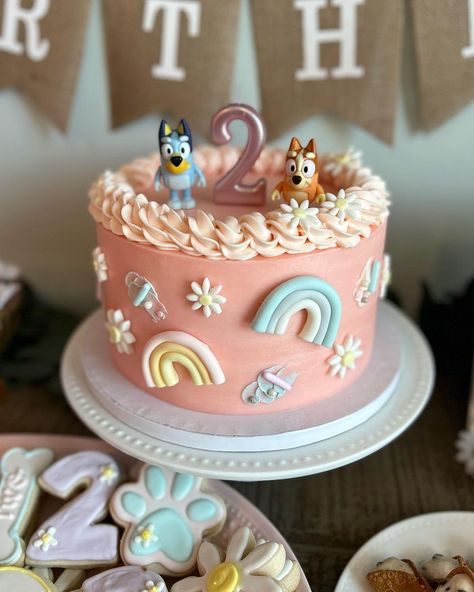 bluey birthday • Instagram Bluey Second Birthday Girl, Bluey Birthday Girly Cakes, Bluey Summer Party, Small Bluey Cake, Bluey Birthday Party Pastel, Groovy Bluey Birthday Party, Bluey Girls Birthday Cake, 3 Year Birthday Theme Girl Bluey, Kid Birthday Theme Ideas