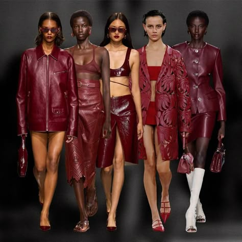 Burgundy Trend 2024, Oxblood Dress, Leather Dress Outfit, Burgundy Maxi Dress, Burgundy Outfit, Style Moodboard, Fall Trend, Burgundy Fashion, Catwalk Collection