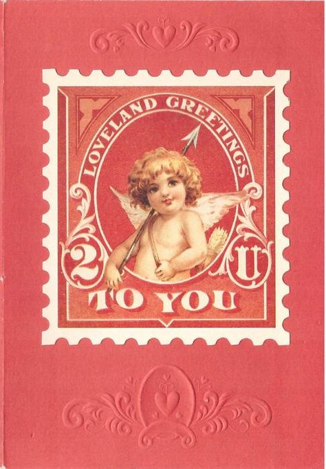 LOVELAND GREETINGS TO YOU cupid in die-cut postal stamp on red embossed backing - TuckDB Ephemera Valentine Greetings, Valentine Card Template, Valentine Poster, Valentines Day Poster, Valentine Cupid, Stamp Card, Vintage Valentine Cards, Valentines Greetings, Valentines Art