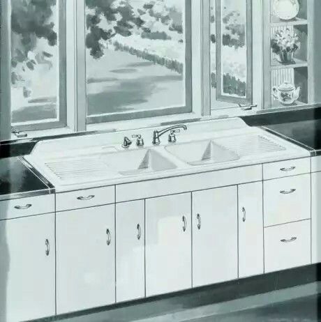 The Holy Grail of steel kitchen sinks in the 1940's - the Double Bowl - Double Drainboard Cabinet Sink! Curio Shelves, Farmhouse Sink With Drainboard, Antique Farmhouse Sink, Kitchen Sink Drainboard, Kitchen Sink Remodel, Vintage Kitchen Sink, Kohler Kitchen Sink, Vintage Farmhouse Sink, Kohler Kitchen