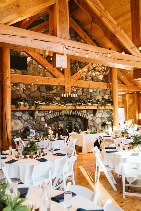 Winter Mountain Lodge Wedding - Washington Cascade Mountain wedding - #seattleweddingphotographer Winter Country Wedding Dress, Washington Winter Wedding, Mountain Springs Lodge Wedding, Lodge Wedding Reception Decor, Ski Lodge Wedding Winter, Winter Lodge Wedding, Lodge Wedding Decor, Vintage Ski Decor, Ski Lodge Wedding