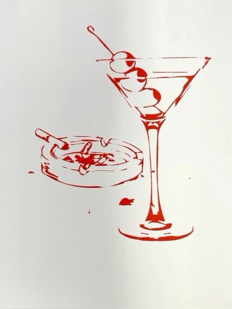 Red Ink Drawing, Ashtray Design, Martini Print, Print Aesthetic, Aesthetic Red, Arte Inspo, Arte Sketchbook, Cocktail Glasses, Red Ink