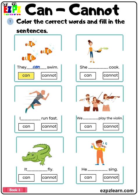 Can/Cannot Color the Correct Words and Fill in the Sentences Grammar Worksheet pdf - Ezpzlearn.com Can Cannot Worksheet, Can And Can't Worksheet, Modal Verbs Worksheets, Word Order In Sentences, Holiday Word Search, Common App, Common App Essay, Modal Verbs, Scramble Words