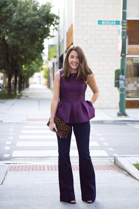 Plum pleated peplum top Peplum Shirts For Women, Purple Top Work Outfit, Purple Peplum Top, Peplum Top For Jeans, Styling Peplum Top, Peplum Top Outfits 2023, How To Style Peplum Tops, Peplum Top Outfits Dressy, Peplum Top Outfits Work