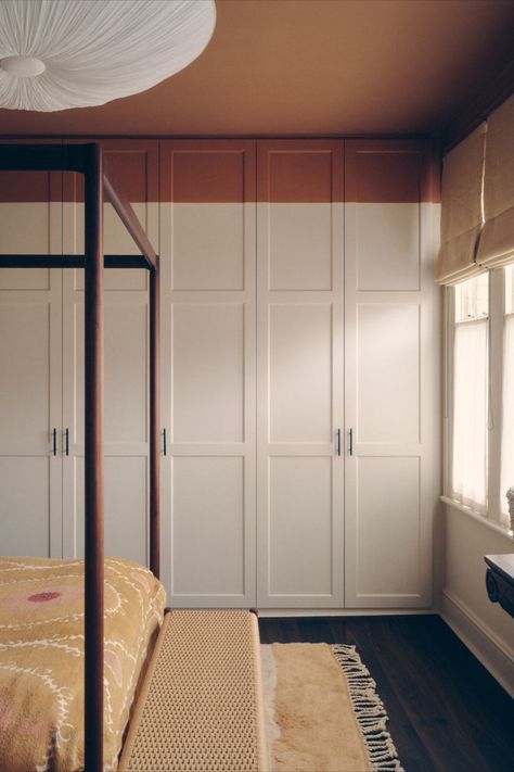 The master bedroom, with the terracotta ceiling in all its warm and enveloping glory! As it's a street facing room, we added cafe curtains for added privacy and softness. Mixing vintage and contemporary design is what I love doing most. Interior Design by @annasheridan_creative Photography by @jasperfry Terracota Ceiling, Terracotta Ceiling, Desk And Chair, Beni Rugs, Cafe Curtains, The Master, Wall Paint, Inspired Homes, Bed Spreads