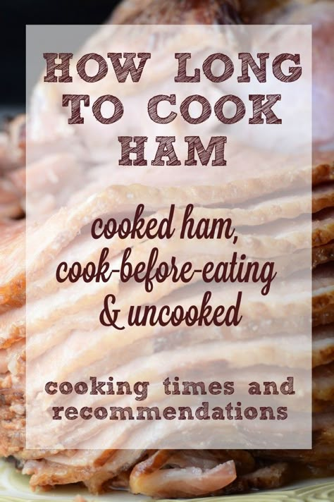 How Long to Cook Ham Infographic - There are many factors that determine cooking times for ham, including everything from how it was prepared to where it was packaged. Cooking times for labels cook-before-eating, cooked and uncooked hams. Oven and Crock Pot times provided. Cook Ham In Oven, Ham In Oven, Ham Cooking Time, Recipes With Cooked Ham, Cooking Ham In Crockpot, Cooking Spiral Ham, Precooked Ham, Cook Ham, Meat Cooking Times