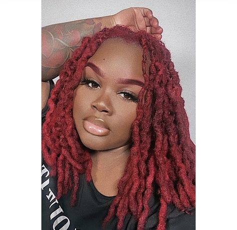 Ruby Red Locs, Thick Locs Styles Black Women, Maroon Locs Black Women, Burgundy Dreads Black Women, Fall Color Locs Black Women, Burgundy Locs Black Women, Dark Red Locs, Color Locs Black Women, Red Locs Black Women