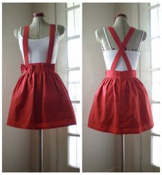 DIY Suspender Skirt - FREE Sewing Pattern and Tutorial by The ... Diy Suspenders, Red Suspenders, Overall Skirt, Diy Vetement, Suspender Skirt, Creation Couture, Sewing Skirts, Vestidos Vintage, Sewing Projects For Beginners