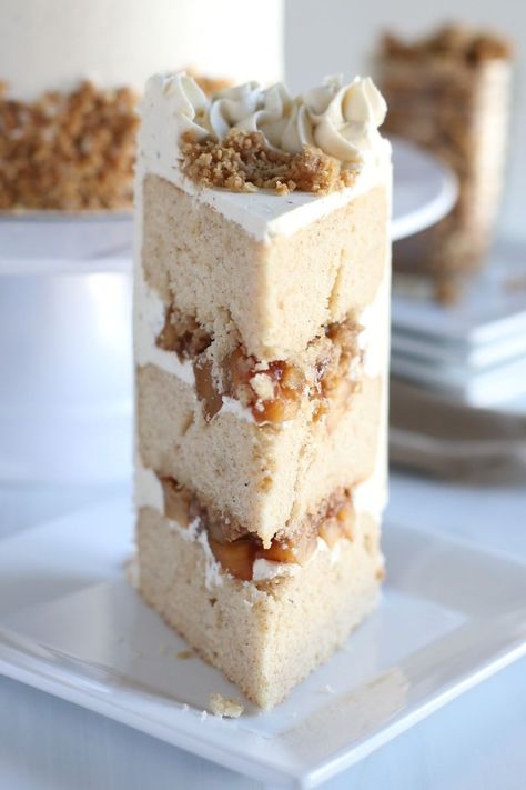 Apple Crisp Cake - Cake Me Home Tonight White Cake With Apple Pie Filling, Apple Crisp Cake Recipe, Spice Cake Apple Pie Filling, Apple Cream Cake, Apple Cake Filling, Apple Crisp Cake, Fall Cake Ideas, Pastry Photography, Cake Me Home Tonight