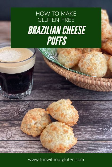 Several cheese puffs in a baskets with a few piled on the table next to a freshly made espresso Brazilian Cheese Puffs, Emmental Cheese, Cheese Puffs, Potato Starch, No Bake Snacks, Gluten Free Cheese, Gluten Free Snacks, Savory Snacks, Vegetarian Cheese