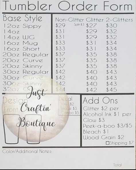 Tumbler Order Form / Digital File #sublimationdesigns #tumblerdesigns #vinyldesigns #sublimationideas #tumblerwraps #svg Pricing For Cricut Projects, Tumbler Cup Pricing Chart, Epoxy Tumbler Pricing Chart, Resin Pricing Chart, How Much Epoxy For Tumbler Chart, T Shirt Pricing Guide Vinyl, Decal Sizes For Tumblers, Tumbler Order Form Template Free, Tumbler Price List