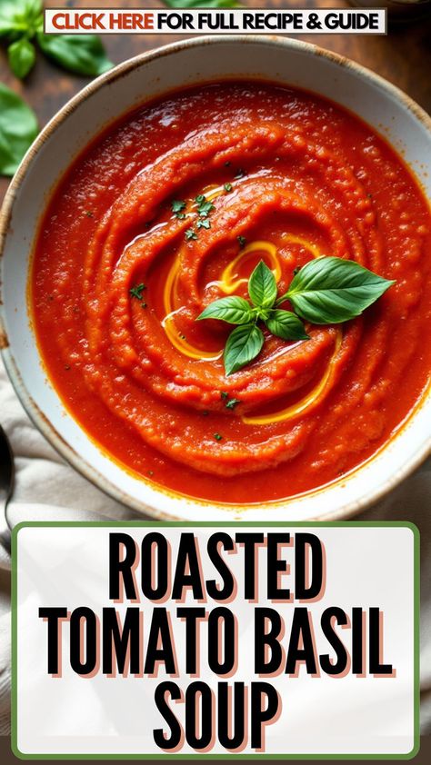 This Tomato Basil Soup recipe is bursting with flavor from juicy roasted tomatoes, caramelized garlic, and fresh basil. It's rich, smooth, and incredibly easy to make, perfect for a quick weeknight dinner or meal prep. Whether you're a fan of classic tomato soup or looking for a new tomato soup recipe, this dish is comforting, healthy, and packed with vibrant, fresh ingredients. Try it today! Full Recipe At Dealiciousness.net Easy Soups For Dinner, Healthy Tomato Basil Soup, Easy Healthy Soups, Easy Soup Ideas, Healthy Soup Ideas, Soups For Dinner, Healthy Tomato Soup, Soups Healthy, Basil Soup Recipe