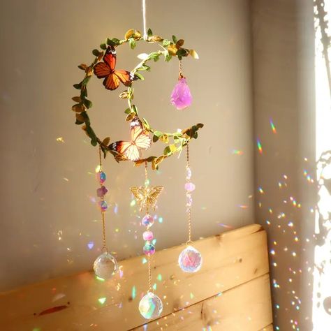 Crystal Sun Catcher Moon Wind Chime Pendant Wedding Party - Temu Prism Aesthetic, Bedroom Window Decor, Moon Wind Chimes, Butterfly Bedroom, Aesthetic Butterfly, Ethereal Light, Crystal Wind Chimes, Butterfly Crystal, Wooden Wine Boxes