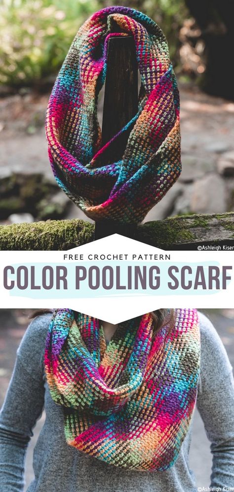 Color Pooling Scarf Free Crochet Pattern If you are not familiar with color pooling, this project might help you learn it! Color Pooling Scarf uses this technique of planned color changes to create an intricate-looking design, when in fact it uses basic stitches. Isn't it cool? #crochetscarf #crochetwrap #freecrochetpattern Pooling Crochet, Color Pooling, Crochet Scarf Pattern Free, Basic Stitches, Scarf Yarn, Free Scarf, Diy Scarf, Crochet Wrap, Granny Square Crochet Pattern