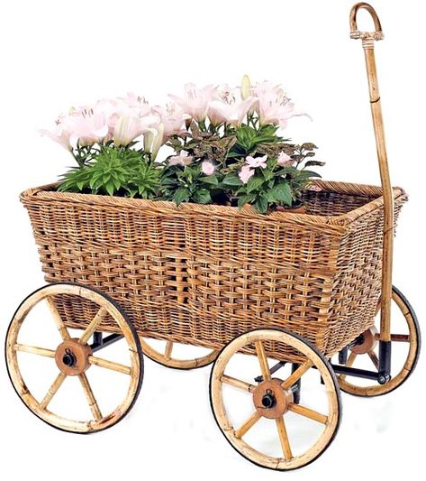 shabby chic wagon I need  Wagon Antique Teddy Bears, Garden Cart, Flower Cart, Bamboo Furniture, French Dolls, French Garden, Aesthetic Things, French Decor, Wicker Furniture