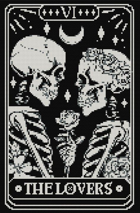 Tarot card cross stitch pattern. Final product 110 x 165 stitches. Three DMC colors used. The Lovers Cross Stitch, The Lovers Tarot Cross Stitch, Tarot Card Crochet Pattern, Tarot Card Tapestry Crochet, Black And White Cross Stitch Patterns, Tarot Crochet Pattern, Cross Stitch Tapestry Pattern, Goth Pixel Art Grid, Perler Art Pattern