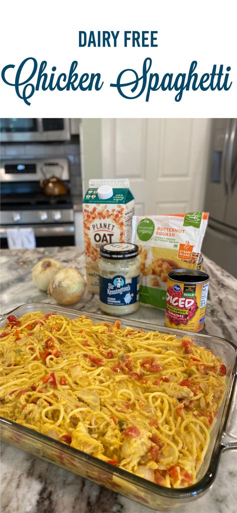 Chicken spaghetti made with a squash-based sauce and NO CHEESE! Paleo/Gluten free option as well! Chicken Spaghetti Dairy Free, Dairy Free Chicken Spaghetti Recipe, Gluten Free Chicken Spaghetti, Vegan Chicken Spaghetti, Dairy Free Chicken Spaghetti, Vegan Shredded Cheese, Baked Chicken Spaghetti, Cut Out Dairy, Chicken Spaghetti Casserole