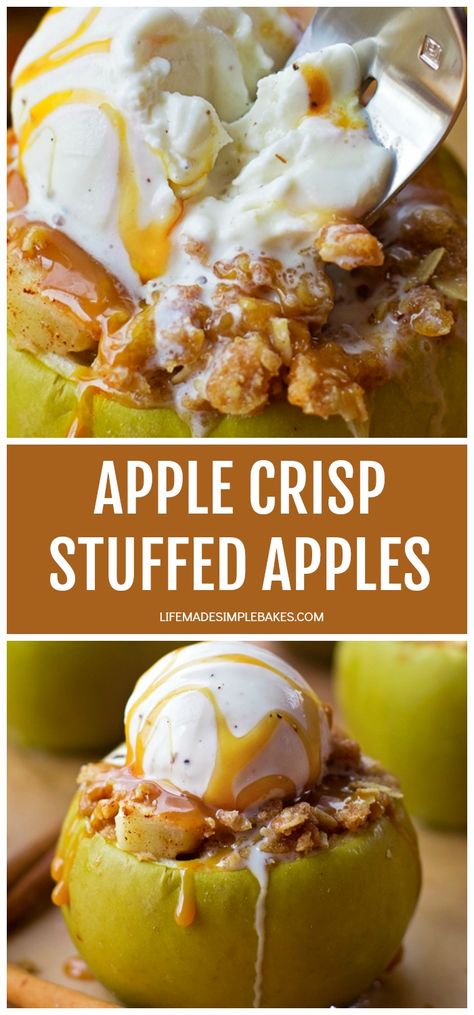 Everything you love about apple crisp but baked inside an apple. This fun fall dessert is something everyone will love! #applecrispstuffedapples #applecrisp #applerecipes #stuffedapples #falldessert Fun Fall Dinner Ideas, Smores Cones, Fun Fall Desserts, Stuffed Apples, Fall Desserts Apple, Baked Apple Dessert, Apple Dumpling, Life Made Simple, Fall Desserts Easy