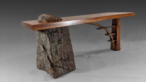 Building A Stone and Wood Bridge Bench Mountain Garden, Meditation Bench, Stone And Wood, Garden Benches, Custom Benches, Modern Mountain, Woodworking Bench, Wooden Bench, Wood Bench