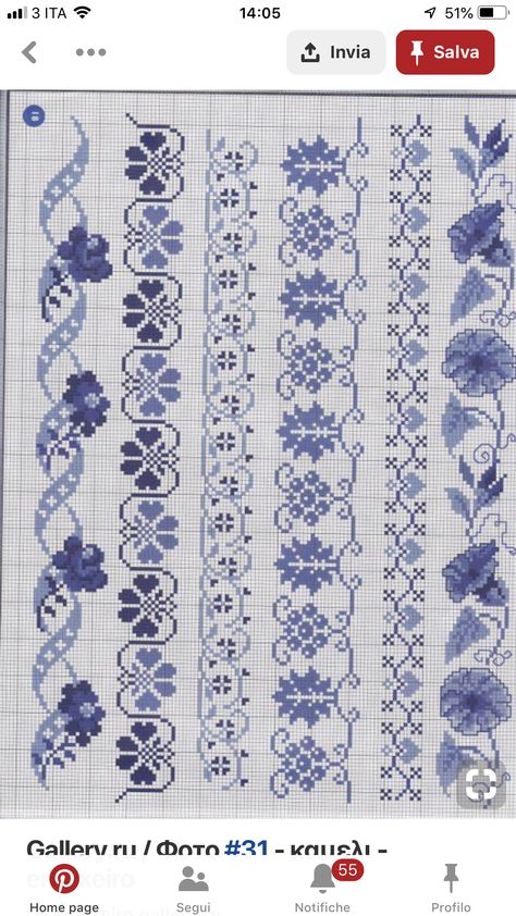 Blue Cross Stitch, Cross Stitch Boarders, Border Stitch, Cross Stitch Border Pattern, Crochet Border, Motifs Perler, Pola Kristik, Cross Stitch Patterns Flowers, Cross Stitch Bookmarks