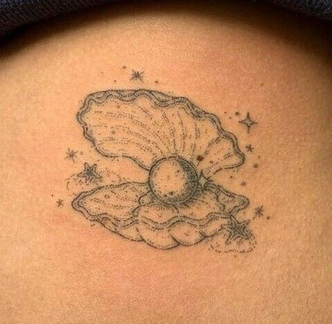 Big Lower Back Tattoos For Women, Sea Animal Tattoos Simple, Upper Stomach Tattoos Women, Whimsy Tattoo, Vintage Aesthetic Tattoos, Patchwork Tattoos, Pearl Tattoo, Pretty Tattoo, Tattoos Inspo