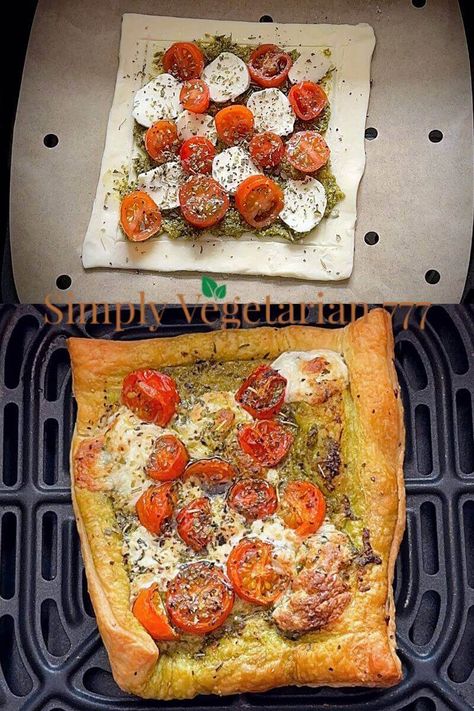 Air Fryer Puff Pastry Pizza Recipe - simplyvegetarian777 Air Fryer Puff Pastry, Snack Quick, Puff Pastry Pizza, Pastry Pizza, Quick Appetizer, Easy Peasy Recipes, Puff Pastry Tart, After School Snack, Pesto Pizza