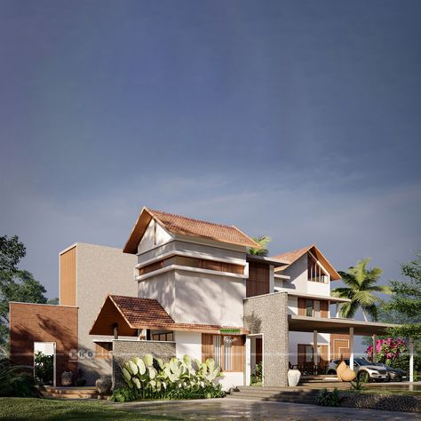 Tranquil Kerala Home Mixed Roof Design Kerala Exterior Design, Mixed Roof House Design, Resort Exterior, Contemporary House Exterior Kerala, Kerala Style House Elevation, Slope Roof Elevation Kerala, Kerala Architecture Traditional, Kerala Type House Elevation, Kerala House Plan And Elevation