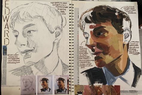 Portraiture Sketchbook Pages, A Level Art Portraiture Sketchbook Pages, Gcse Experimentation Page, A Level Art Experimentation Page, Ao2 Gcse Art, Sketchbook Ideas Portraits, Art College Portfolio, Gcse Portraiture Art Sketchbook, Gcse Art Experimentation Page