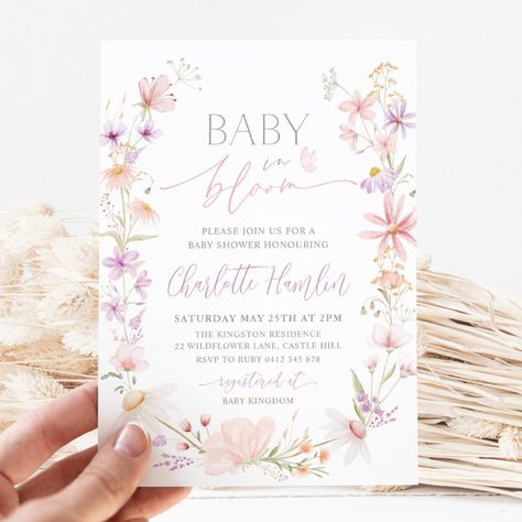 Baby In Bloom Wildflower Floral Baby Shower Invitation - Baby Shower Invitations Wildflower Theme, Shower Flowers, 16 Invitations, Purple Invitations, Baby Shower Pink, Wildflower Baby Shower, Baby In Bloom, Watercolor Baby Shower, Baby Shower Card