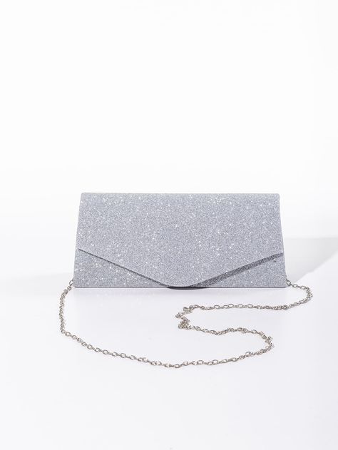 Silver Glamorous Collar  Glitter Plain Square Bag Embellished   Women Bags Prom Bag Silver, Prom Bags Clutches Silver, Silver Bag Prom, Bags For Prom, Formal Bags, Prom Bags, Sparkly Handbag, Formal Purse, Formal Bag