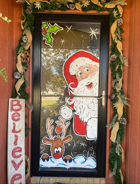 Painting, painted window, Christmas, santa, reindeer, window painting, glass Santa Peeking In Window, Glass Door Christmas Painting, Glass Door Christmas Decorations, Festive Window Painting, Draw On Window Christmas, Santa Claus Window Painting, Christmas Glass Door Painting Ideas, Xmas Window Painting Ideas, Glass Door Christmas Decor