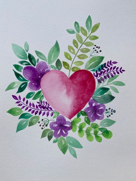 Valentines Flowers Drawing, Valentine Watercolor Painting Heart Art, Watercolor Art For Valentines Day, Watercolor Hearts Painting, Spring Watercolor Cards, Valentine Watercolor Ideas, Watercolor Valentines Art, Floral Heart Drawing, Valentines Watercolor Cards