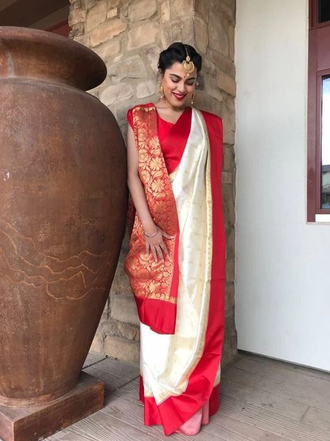 Red And White Saree, Bengali Saree, Saree Wearing, Saree Wearing Styles, Saree Draping Styles, Saree Draping, Bengali Wedding, Draping Fashion, Saree Poses