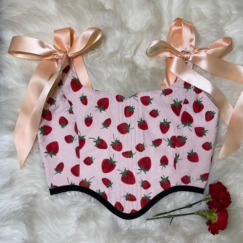 Strawberry Corset, Kawaii Corset, Strawberry Fabric, Handmade Corset, Cute Corset, Outfit Rosa, Corset Fashion Outfits, Handmade Aesthetic, Bandeau One Piece Swimsuit