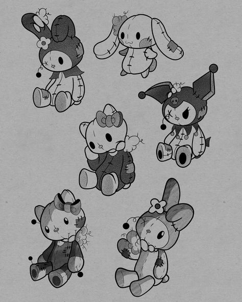 Cute sanrio plushies available to get inked!! My melody top left corner is taken - - - #flash #tattooflash #kawaii #kawaiiaesthetic #kawaiicore #sanrio #sanriocore #sanrioaesthetic Cinnamoroll Tattoo Ideas, Mini Character Design, Sanrio Flash Tattoo, How To Draw Sanrio, Matching Sanrio Tattoos, Horror Sanrio, Tattoos For 3, Kuromi And My Melody Tattoo, Kawaii Flash Tattoo