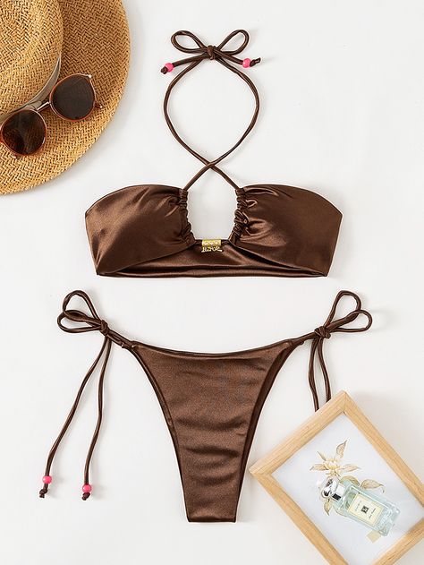 Brown Elegant   Nylon Plain  Embellished High Stretch  Women Beachwear Brown Swimsuit, Bra Photos, Clothing Pieces, Color Cafe, Beachwear For Women, Beach Wears, Beach Wear, String Bikinis, Trendy Outfits