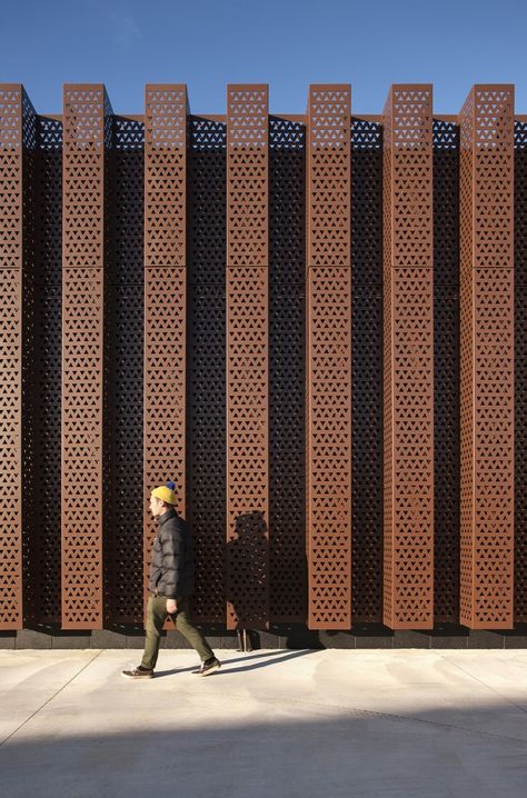 Custom copper perforated metal sheets/panels. The Treasury Research Centre & Archive / Architectus Expo Pavilion, Brick Window, Factory Facade, Industrial Facade, Render Architecture, Building Skin, Factory Architecture, Kentish Town, Office Architecture