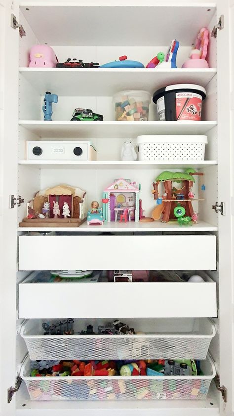 Toy Room Storage, Playroom Closet, Ikea Toy Storage, Small Playroom, Shared Girls Room, Kids Shared Bedroom, Living Room Playroom, Kids Playroom Decor, Playroom Storage